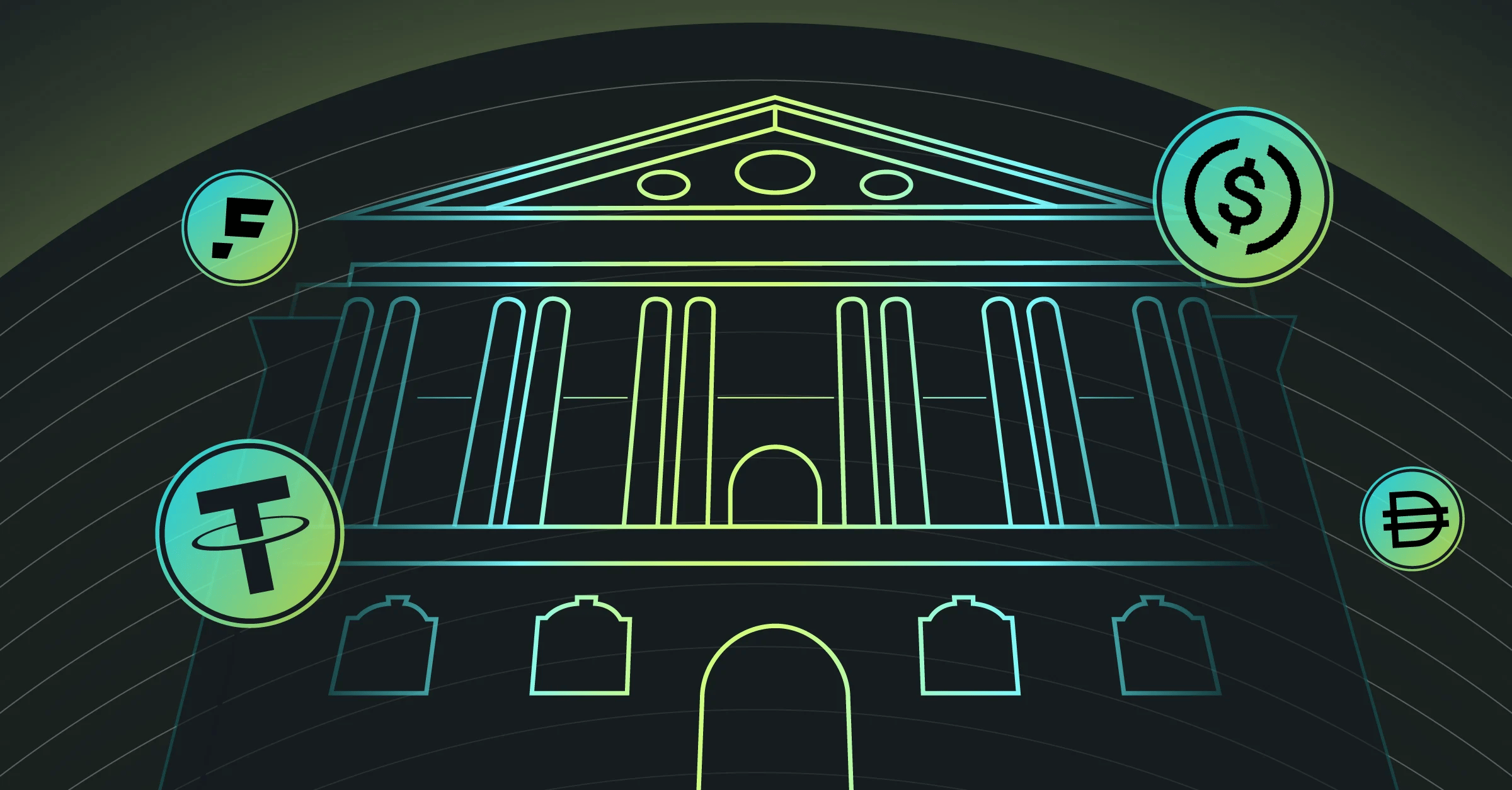 Bank building illustration with cryptocurrency symbols including Tether, DAI, and another unidentified coin, presented in a neon style.