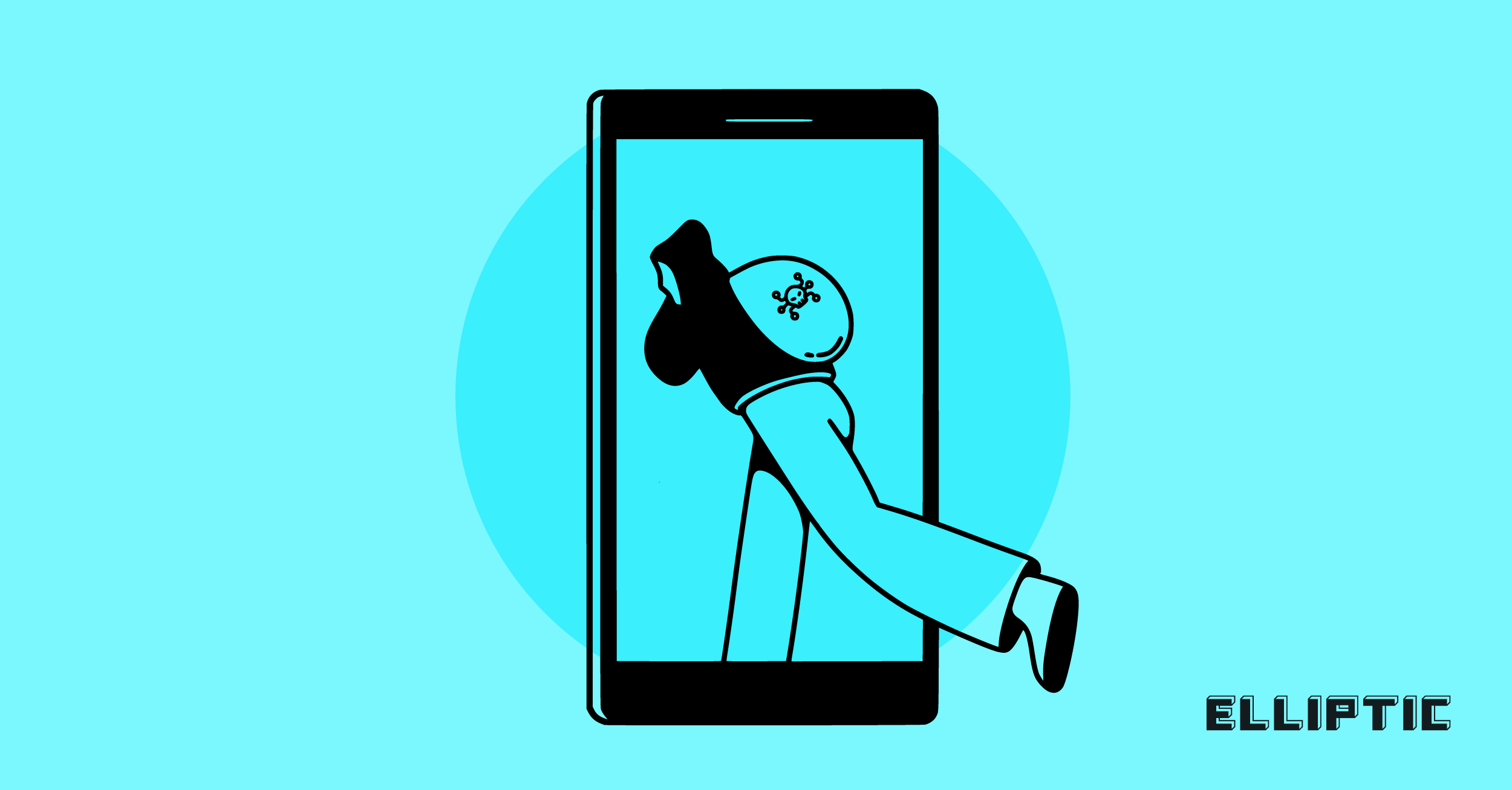 A stylized illustration of a figure reaching out from a smartphone, with a backdrop of light blue and the word "ELLIPTIC" in the corner.