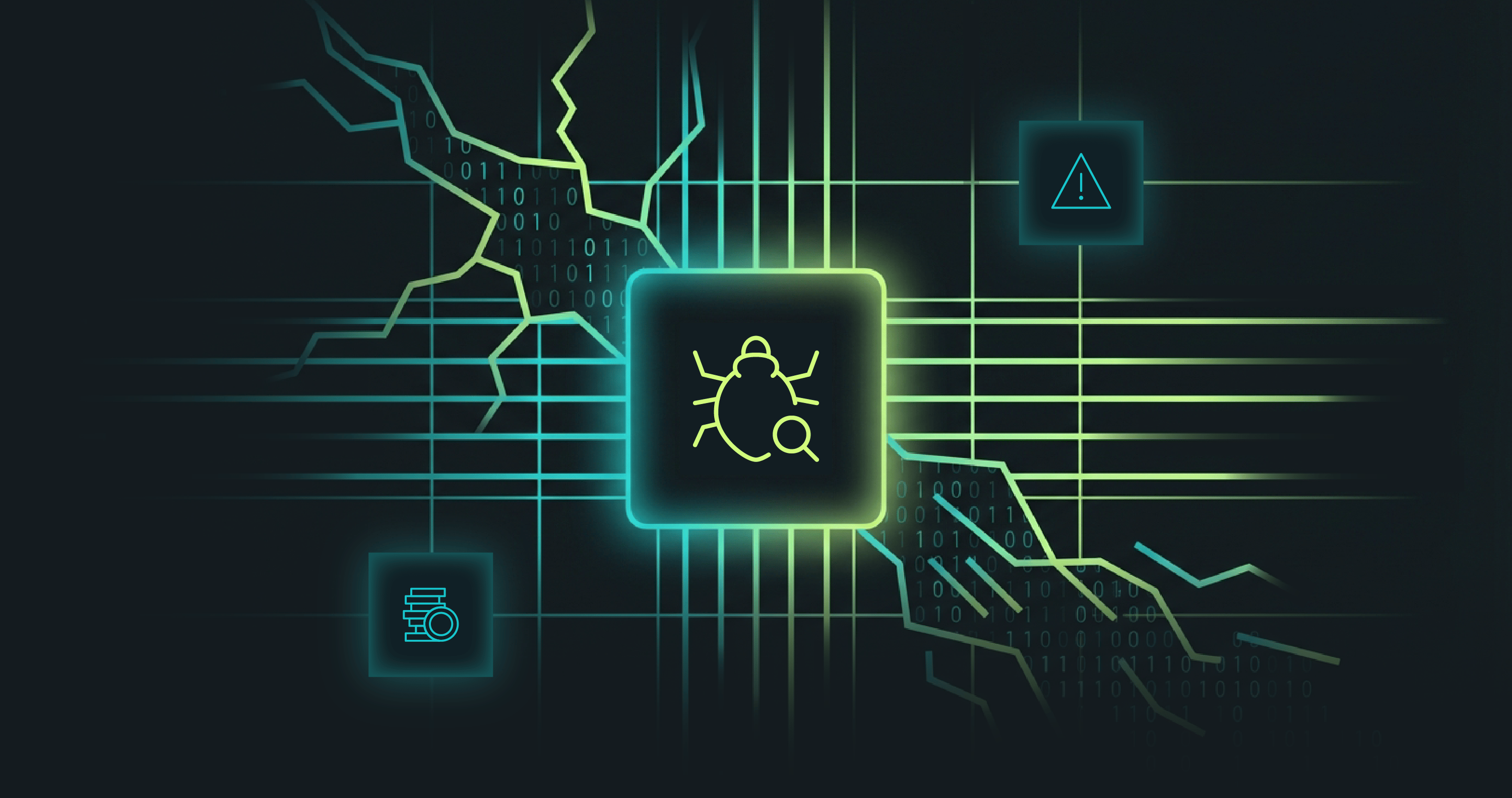 Abstract digital illustration featuring a bug icon at the center with binary code, lightning bolts, and warning symbols surrounding it.