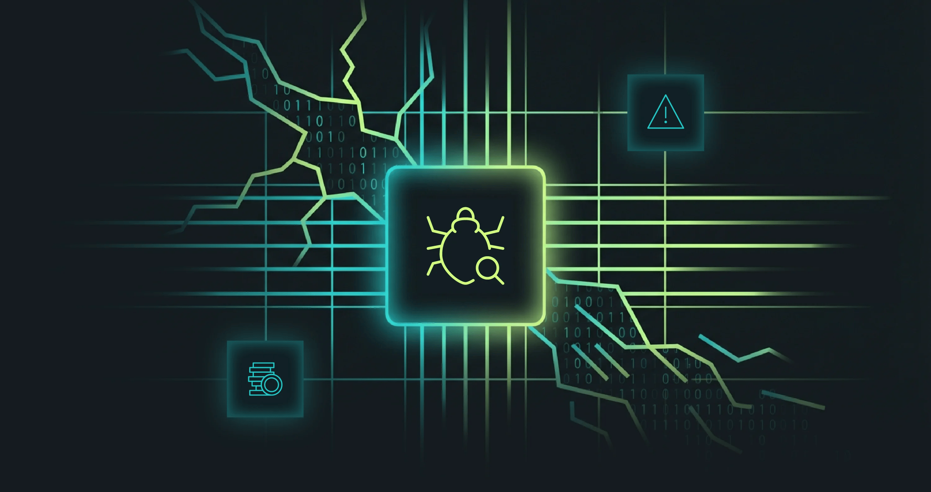 Abstract illustration depicting a bug icon surrounded by digital elements, highlighting themes of cybersecurity and vulnerabilities.