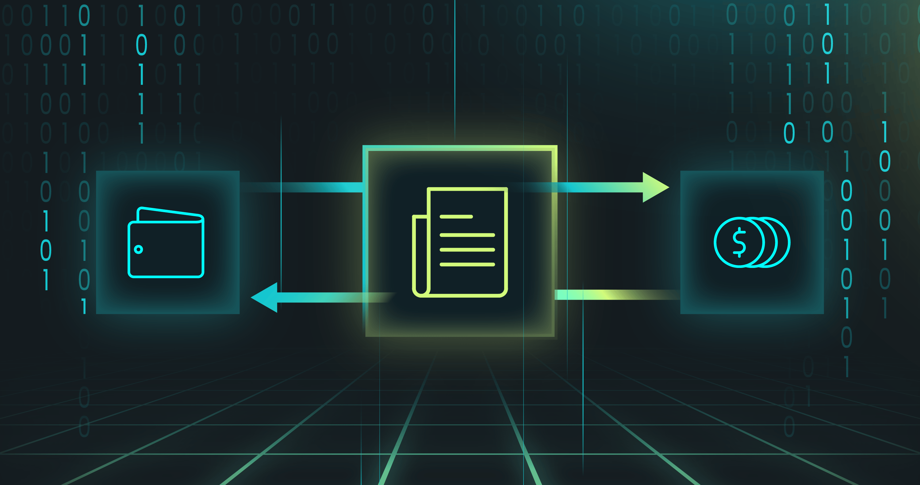 Iconic representation of digital transactions, featuring a wallet, document, and currency symbols with a binary code background.