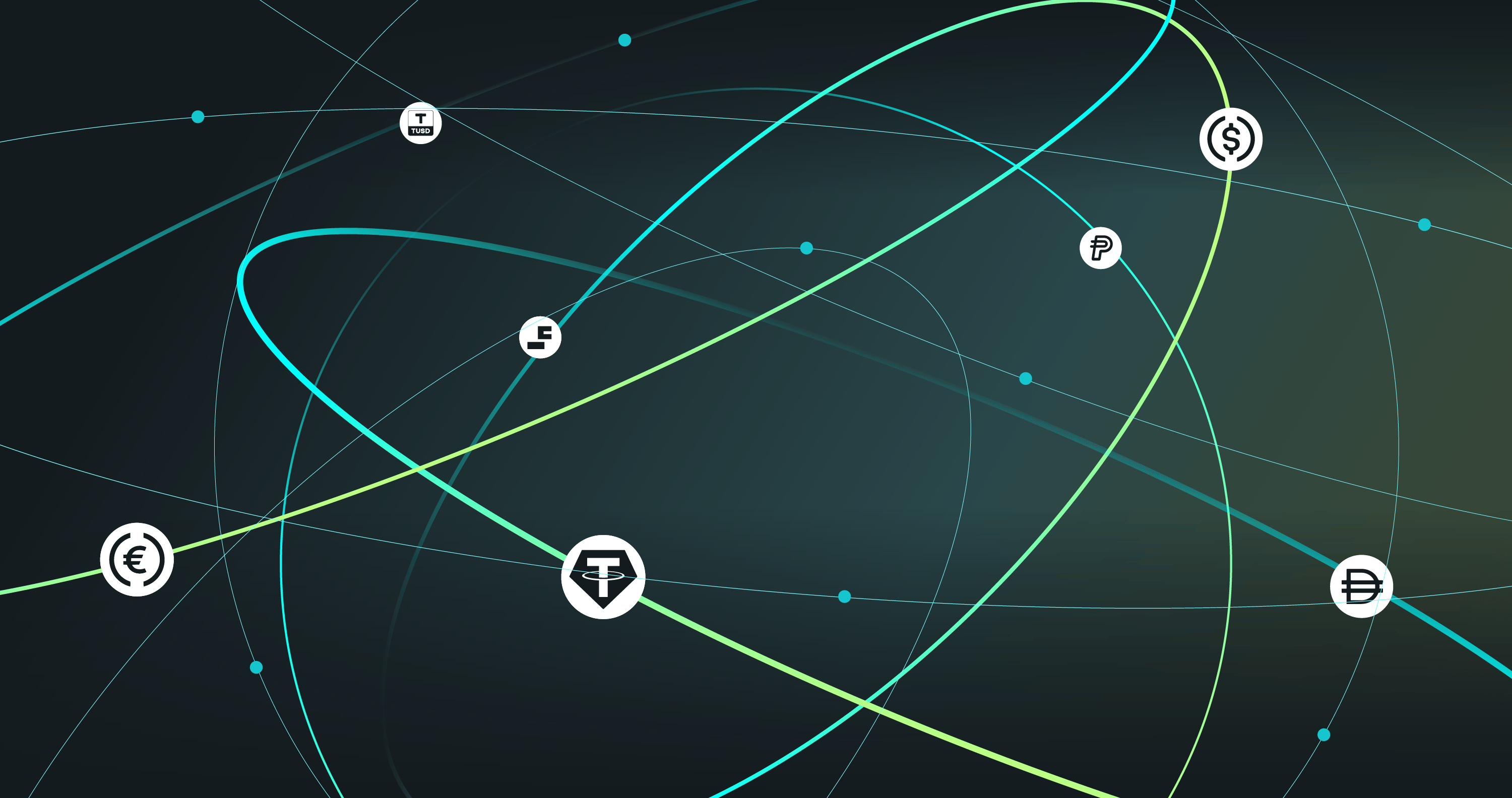 Abstract digital illustration featuring interconnected lines and various currency symbols on a dark background.
