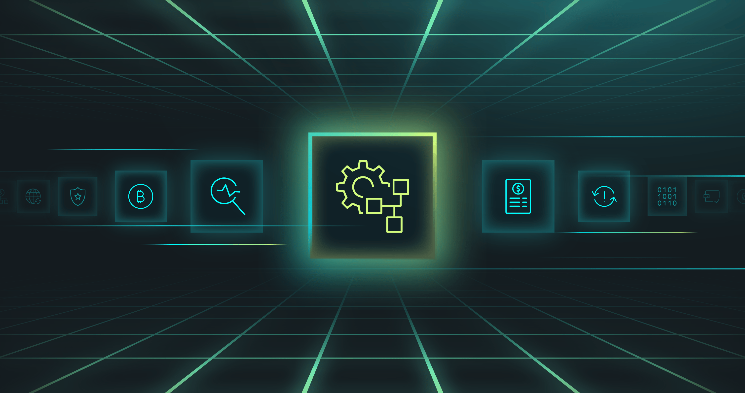 A digital interface with glowing icons, including a gear symbol, representing various technology and data-related concepts in a grid layout.
