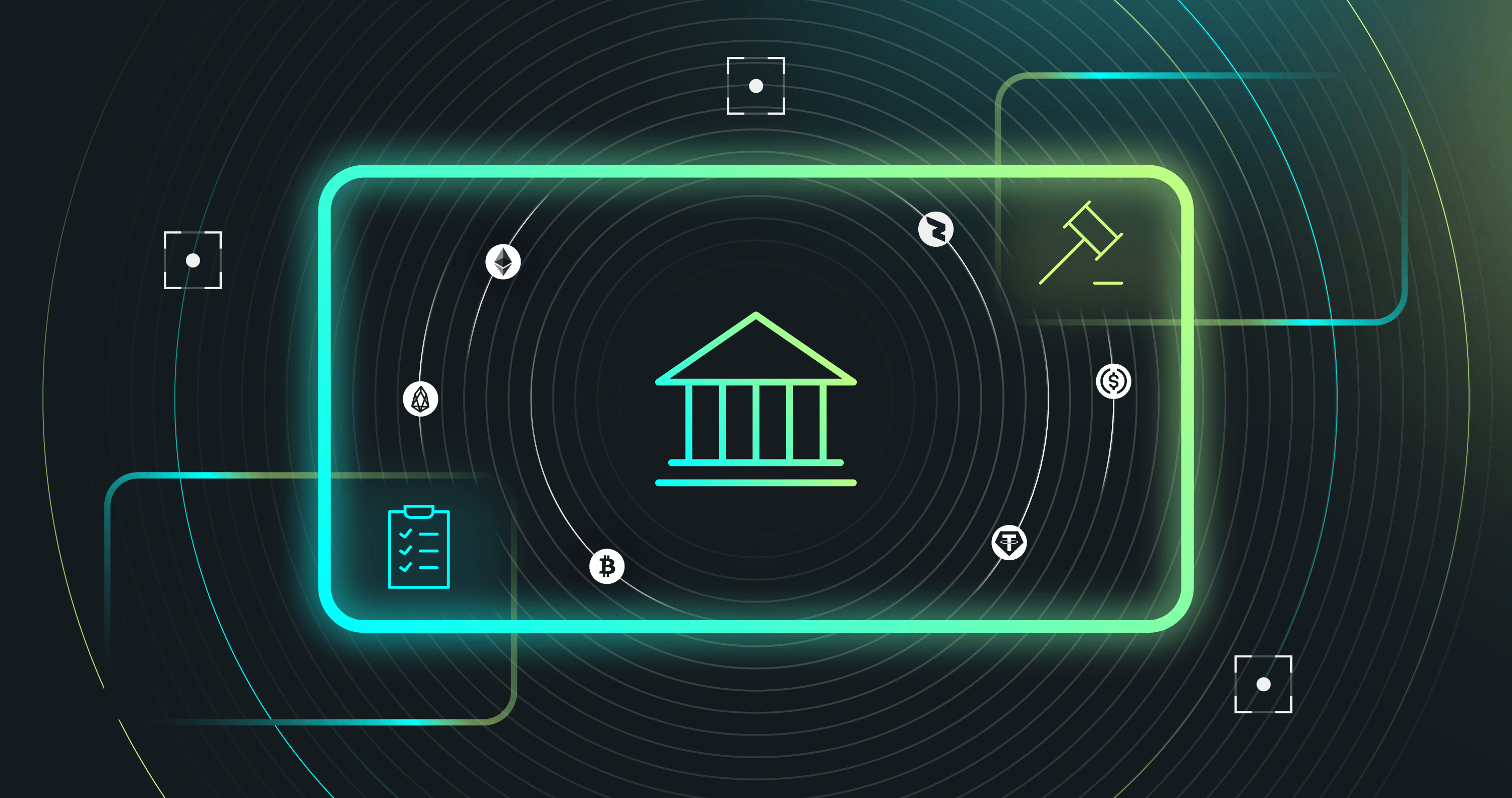 Abstract graphic depicting a central bank symbol surrounded by icons representing finance, law, and digital currencies against a dark background.