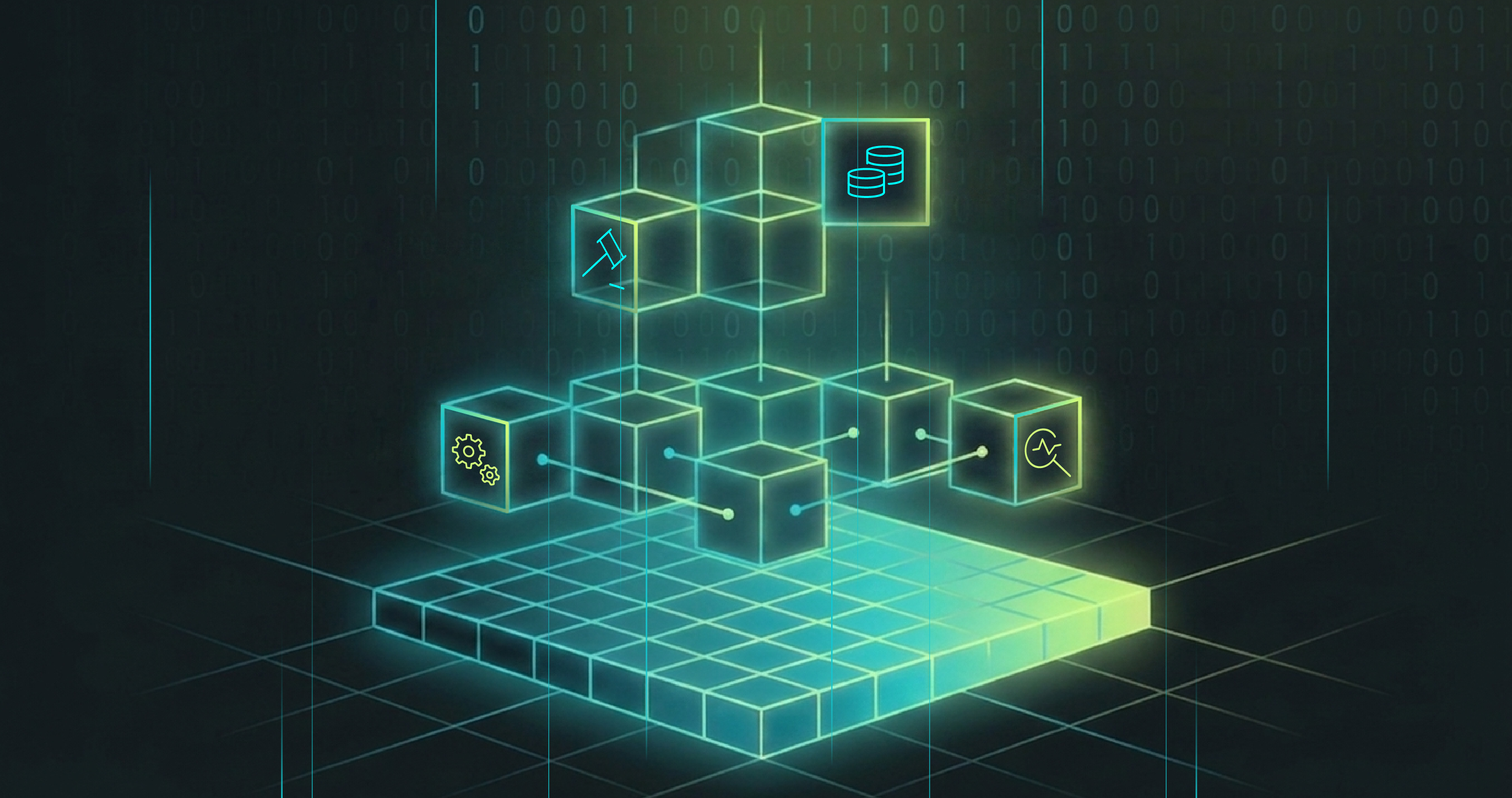 Abstract digital illustration of glowing cubes arranged in a pyramid with icons representing data, settings, and analytics against a binary code background.