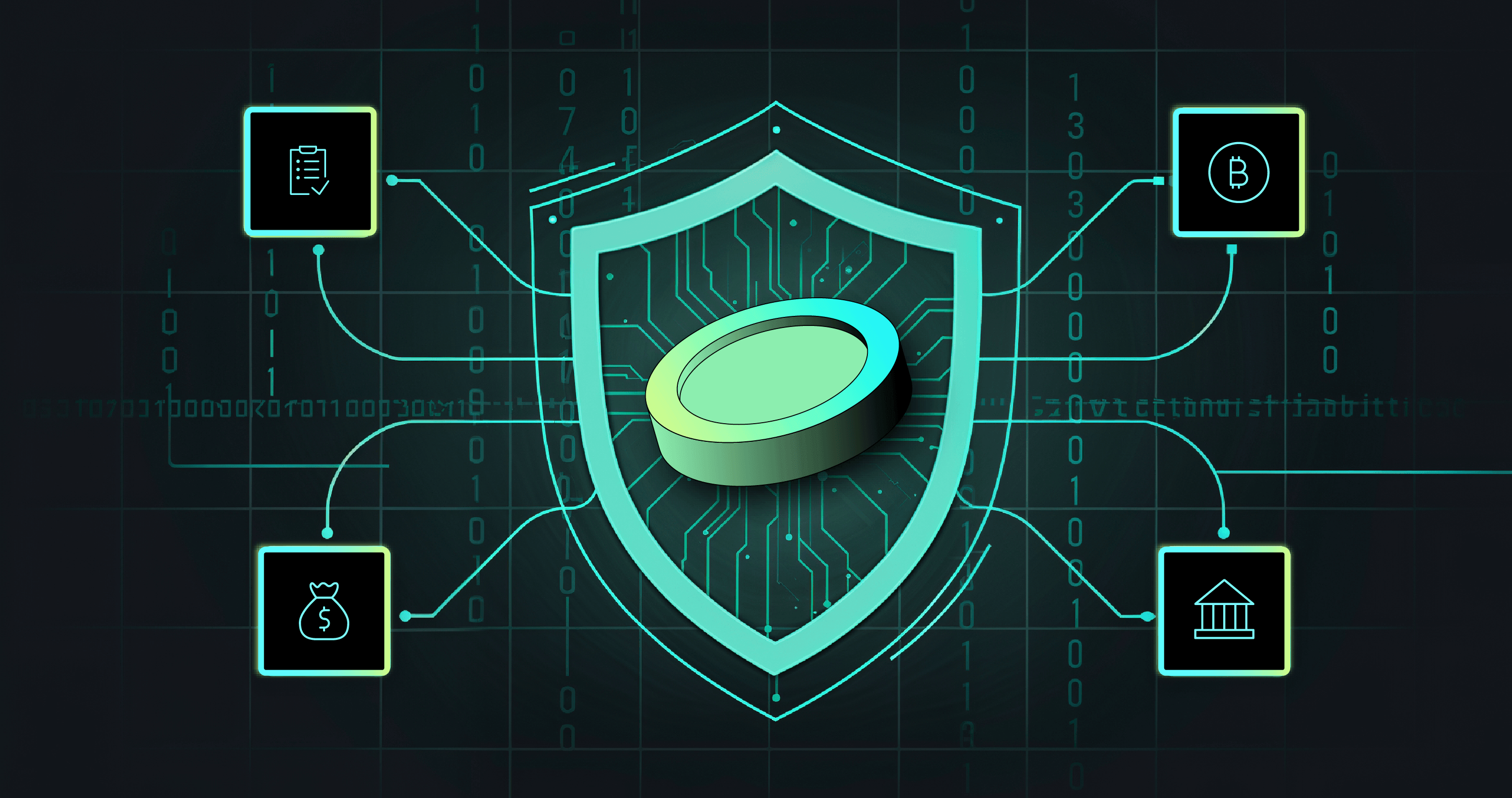 Digital shield with a coin in the center, surrounded by icons of a bank, money, a document, and a cryptocurrency symbol, on a dark binary background.