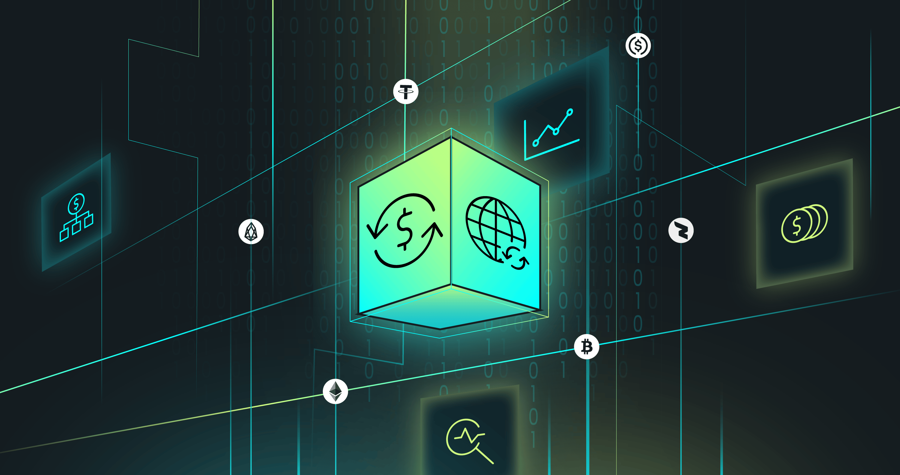 A digital illustration featuring a central glowing cube with currency symbols and global icons, set against a dark, tech-themed background.