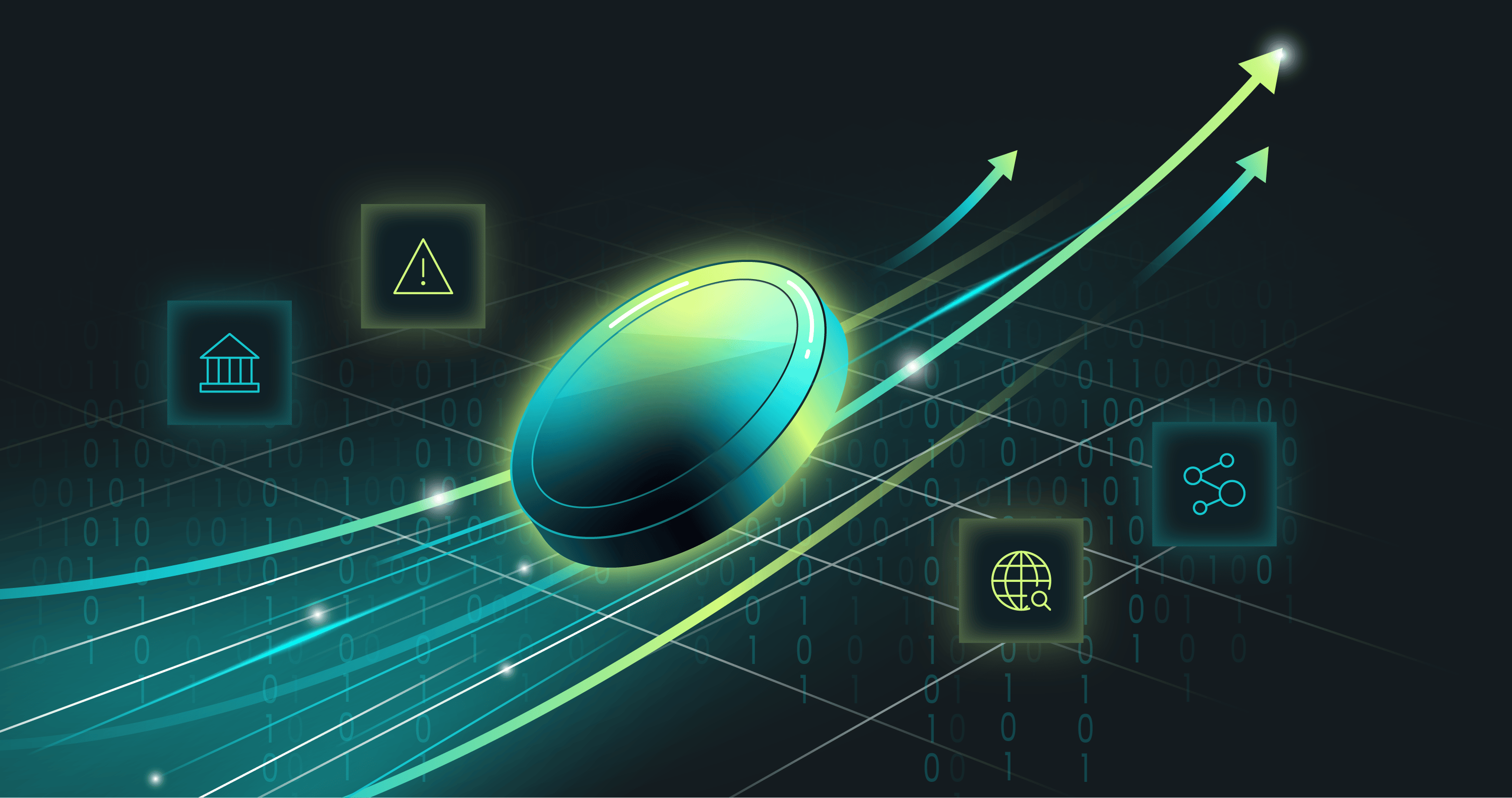 A digital illustration of a coin in motion, with arrows indicating upward trends and various symbols related to finance and technology.