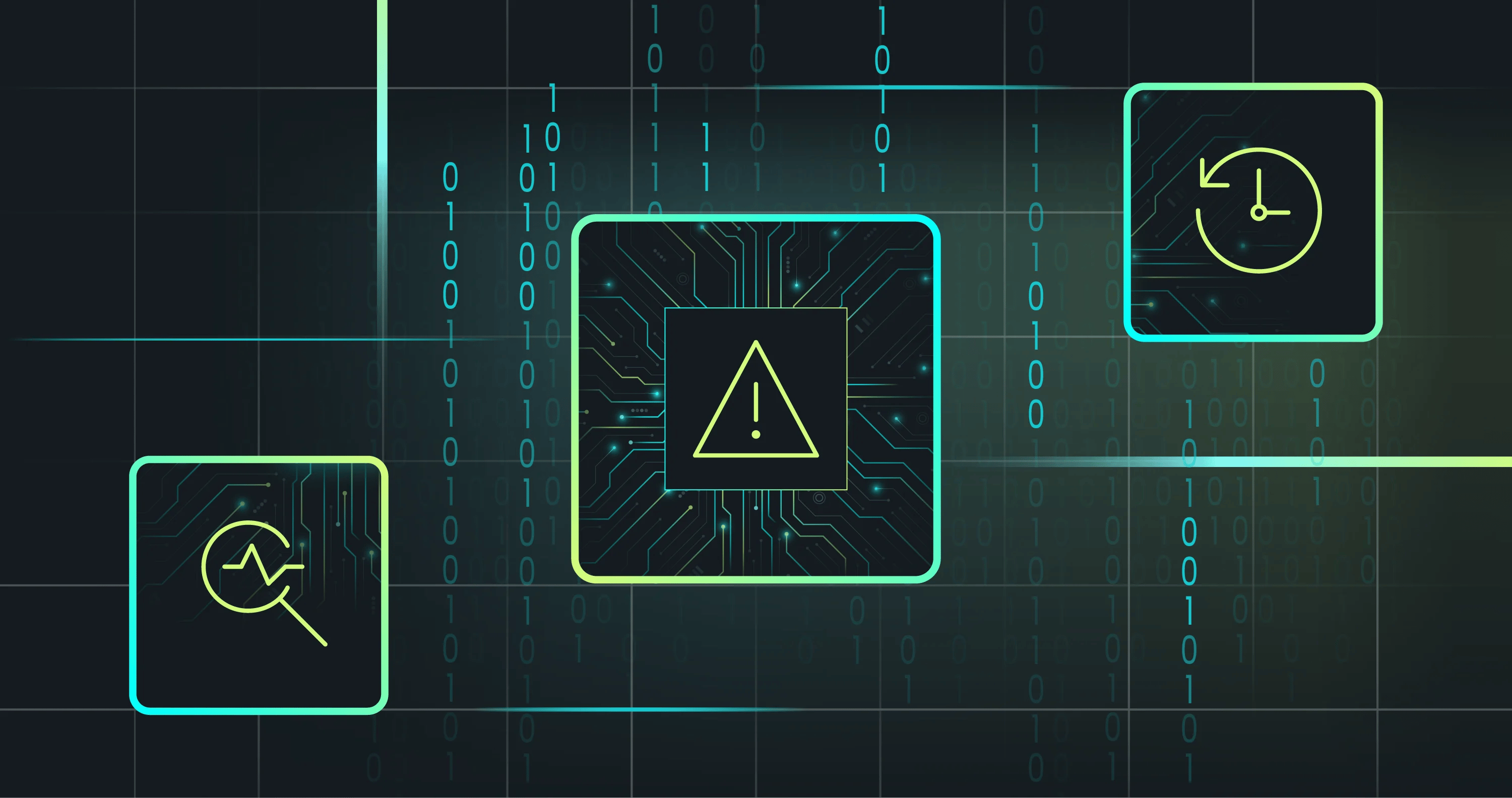 Abstract digital design featuring three icons on a circuit-like background: a warning sign, a clock, and a heartbeat monitor, with binary code.
