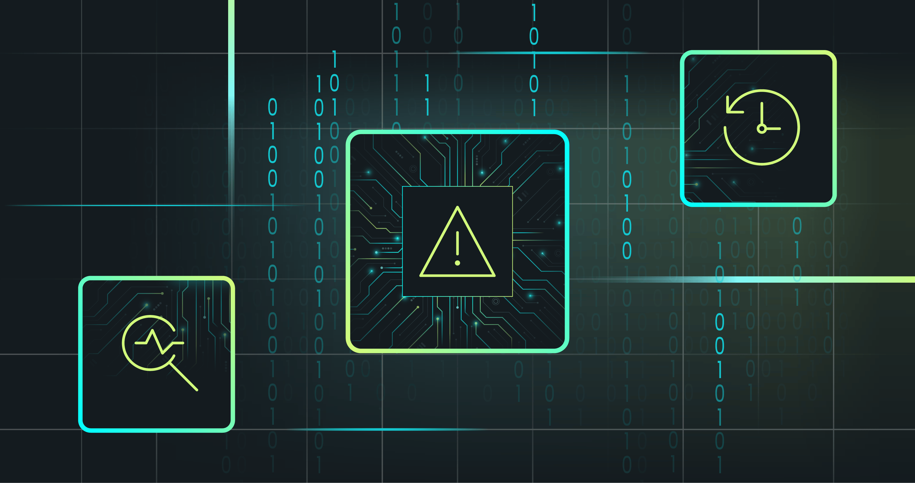 Illustration of digital security concepts featuring an alert symbol, an analysis icon, and a clock, set against a binary code background.