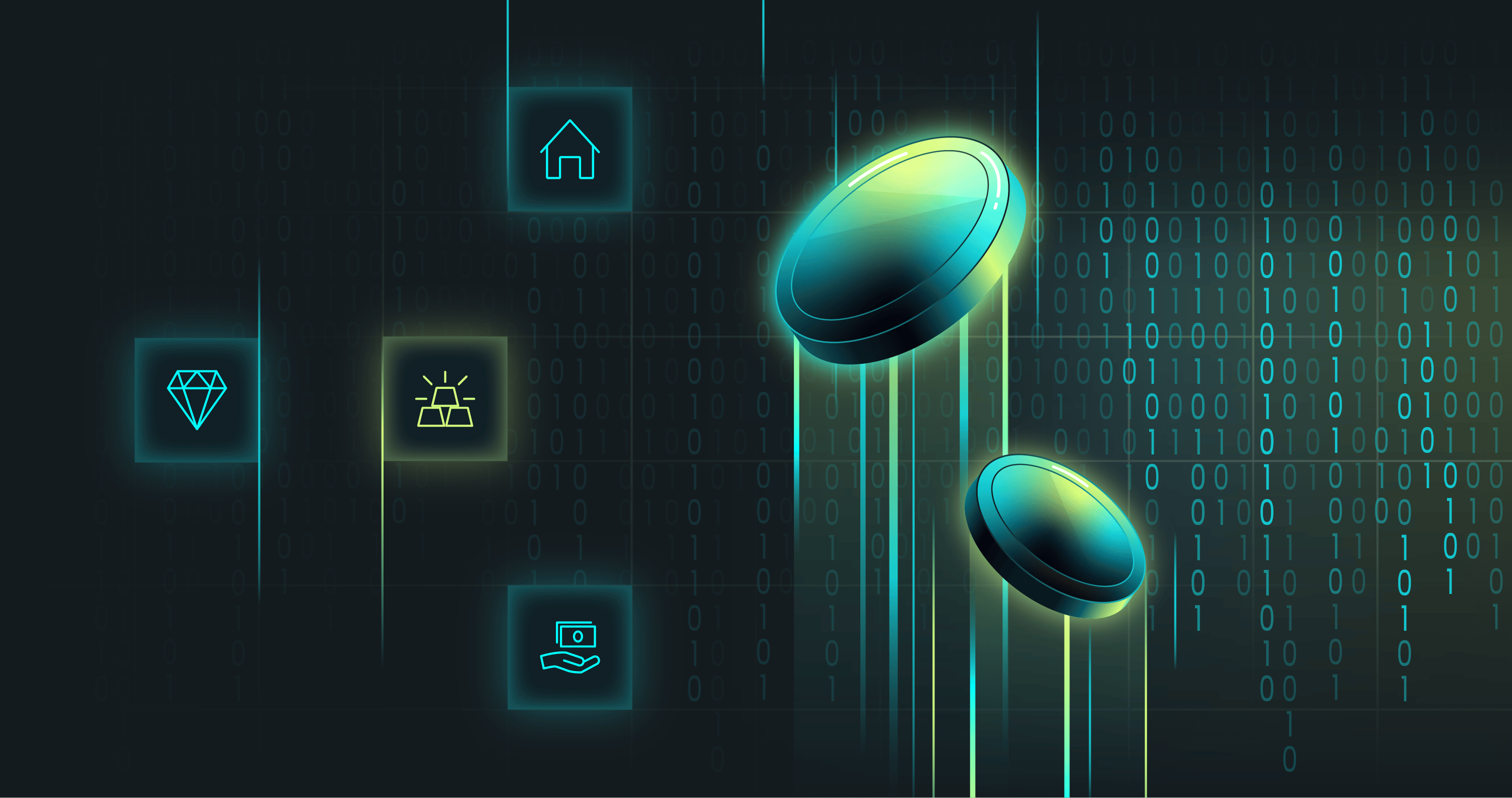 Digital illustration featuring floating coins surrounded by icons such as a house, diamond, and sun, set against a dark, binary-coded background.