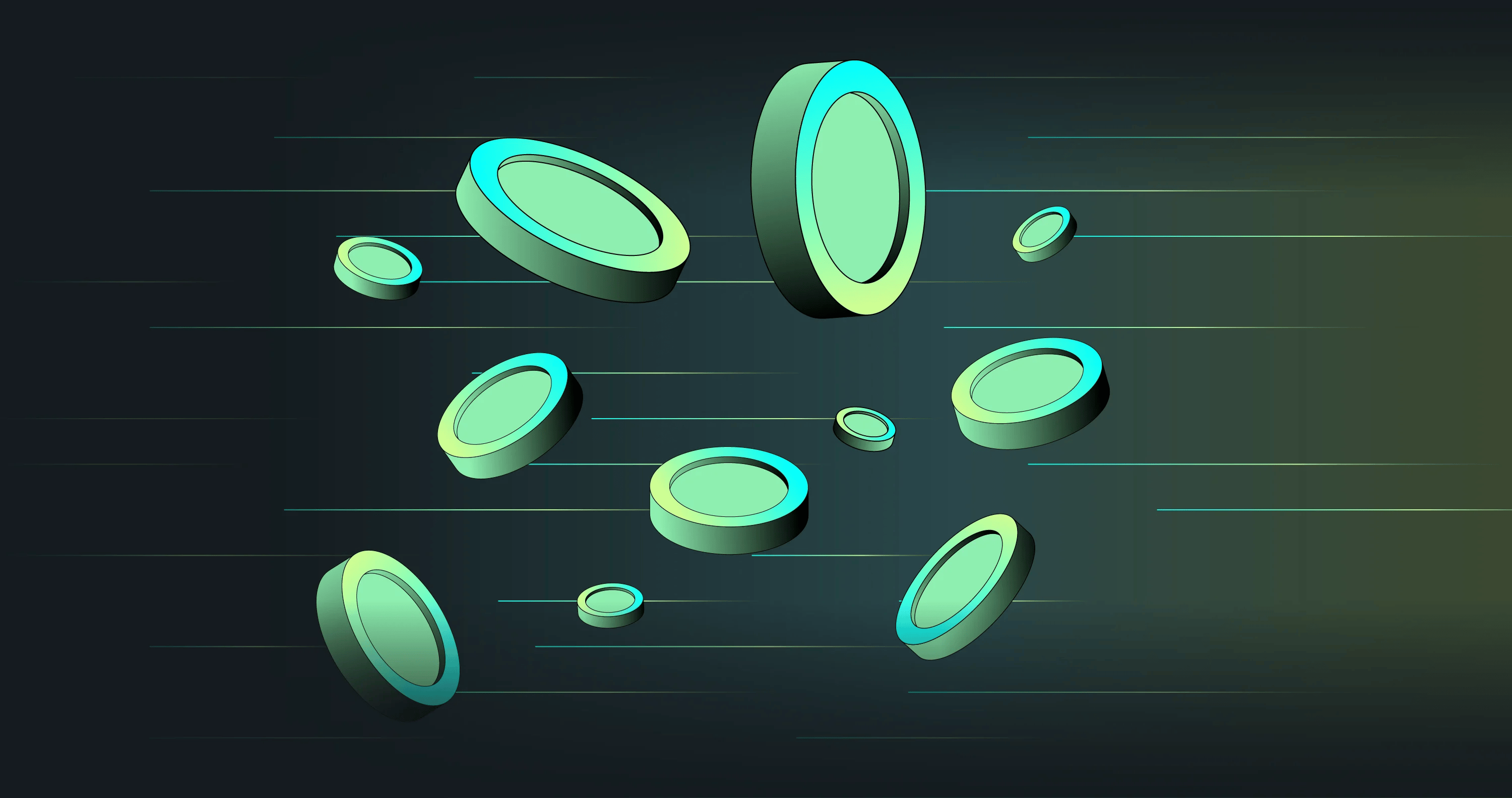 Abstract illustration of floating and spinning coins with a gradient color scheme, suggesting movement and speed against a dark background.