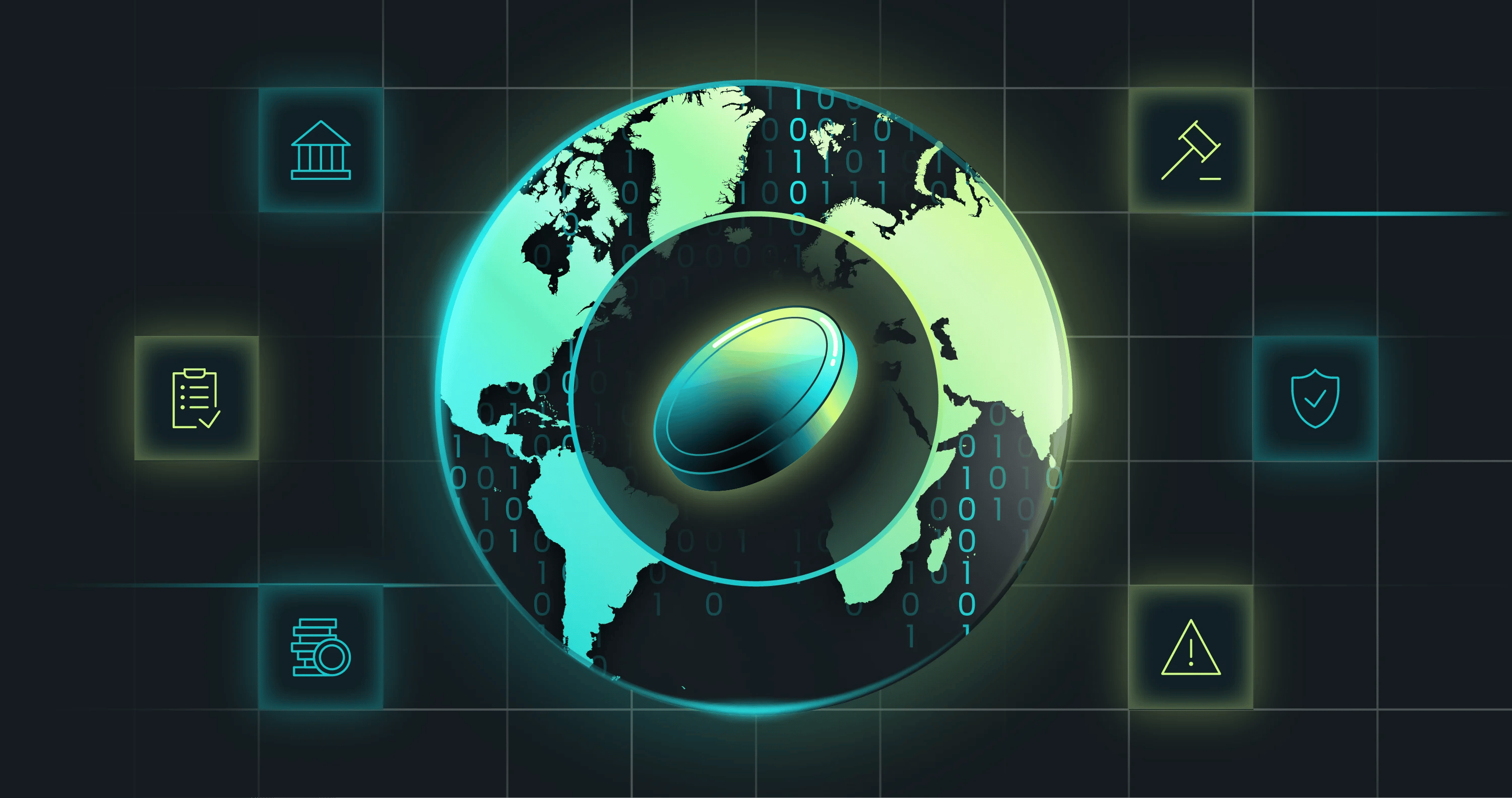 A digital globe surrounded by icons, representing finance, regulation, security, and alerts, with binary code overlay.