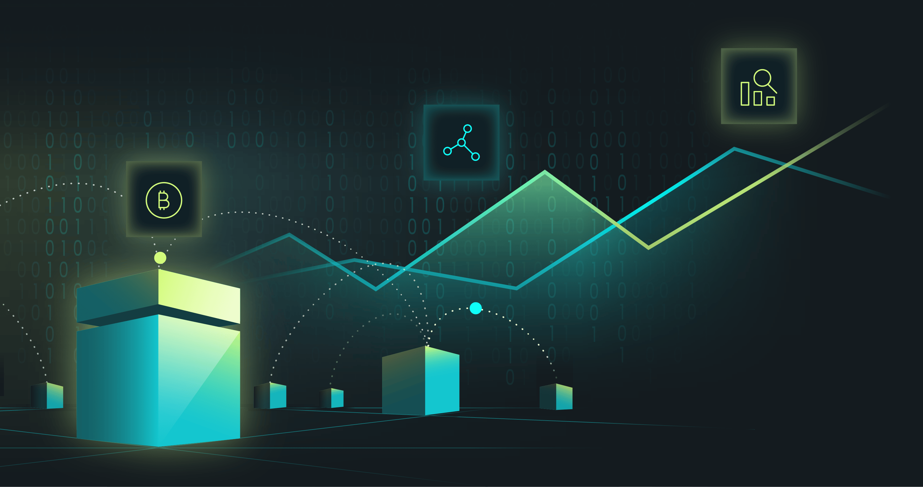 Digital illustration featuring graphs, data points, and box-like structures against a dark background with binary code elements.
