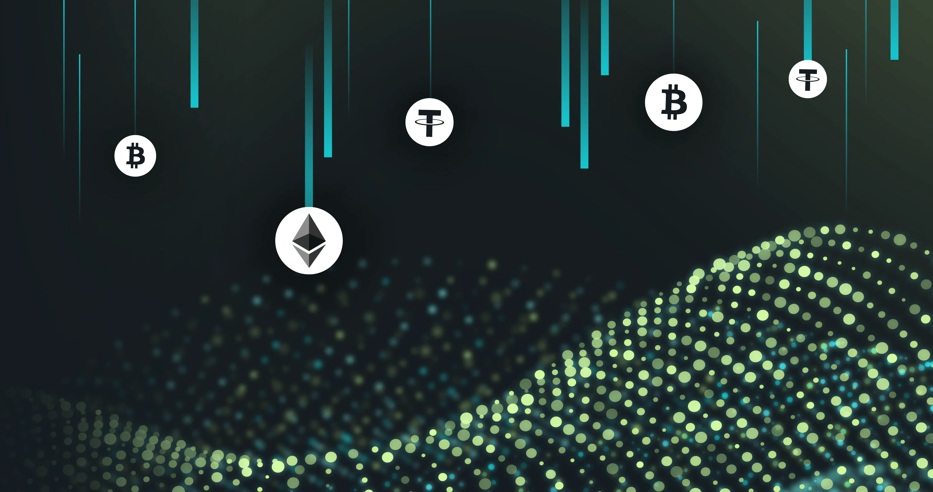Colorful digital background featuring cryptocurrency symbols like Bitcoin, Ethereum, and Tether suspended above a wave of glowing dots.