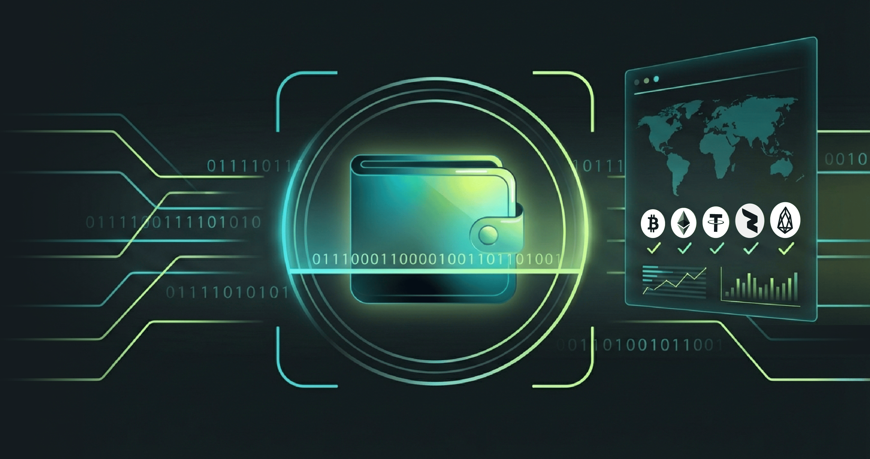 Digital wallet graphic with binary code and cryptocurrency symbols, illustrating secure transactions and financial technology.