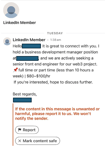 LinkedIn message discussing a senior front-end engineer position with hourly pay details and a note about reporting unwanted messages.