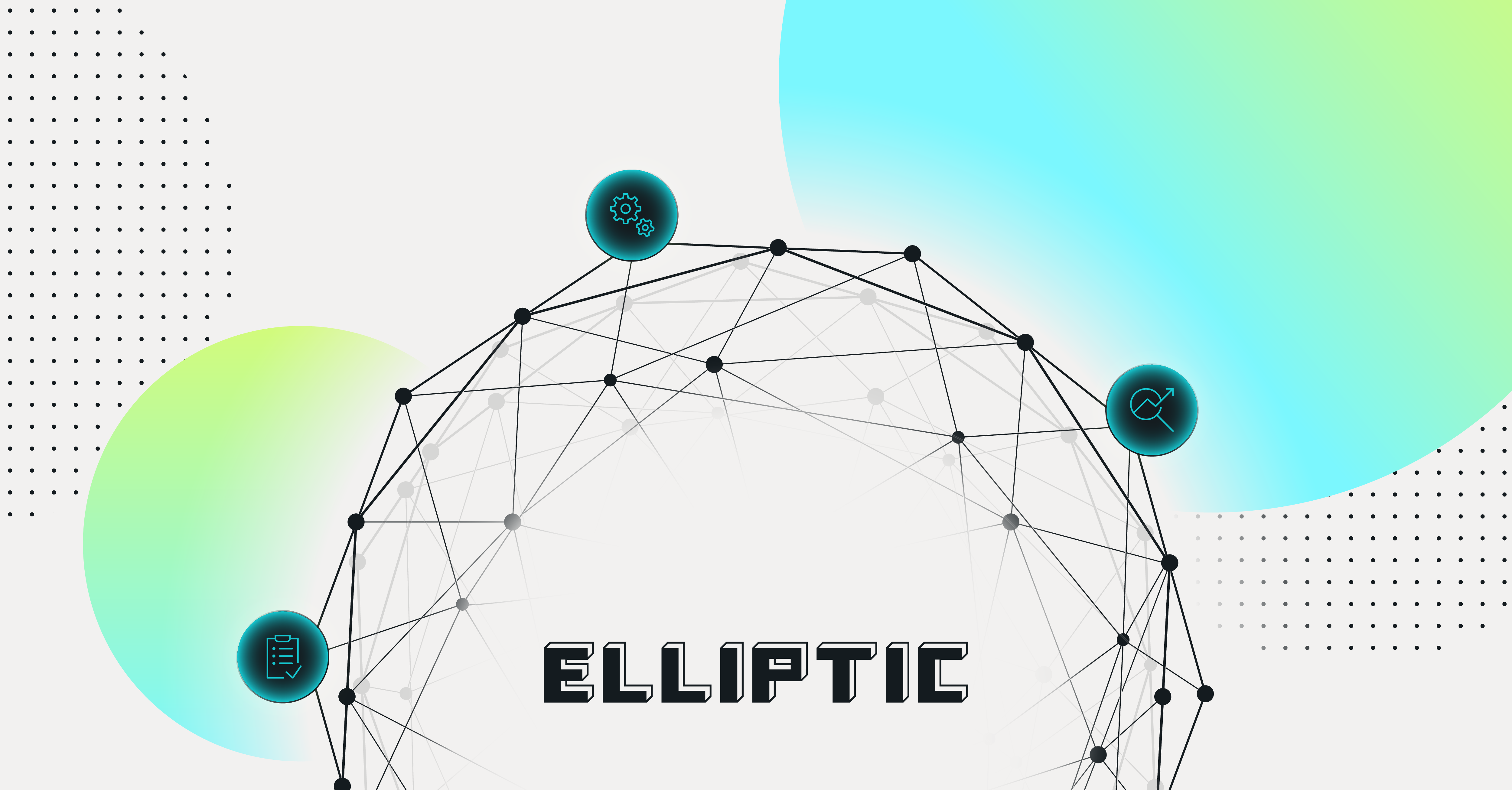 ELLIPTIC logo surrounded by network nodes and abstract geometric shapes, indicating a technology-focused theme in cryptocurrency security.