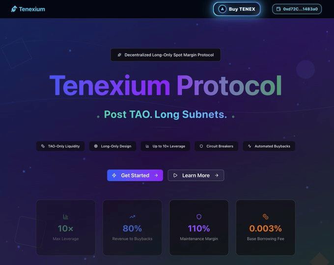 Decentralized Long-Only Spot Margin Protocol with details about Tenexium features, including leverage, revenue, and borrowing rates.