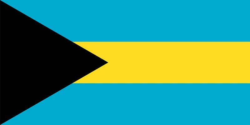 Flag of The Bahamas featuring a black equilateral triangle on the left, and horizontal bands of aquamarine, gold, and aquamarine.