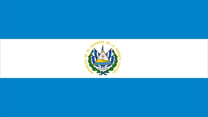 Flag of El Salvador featuring a blue and white design with the national coat of arms in the center.