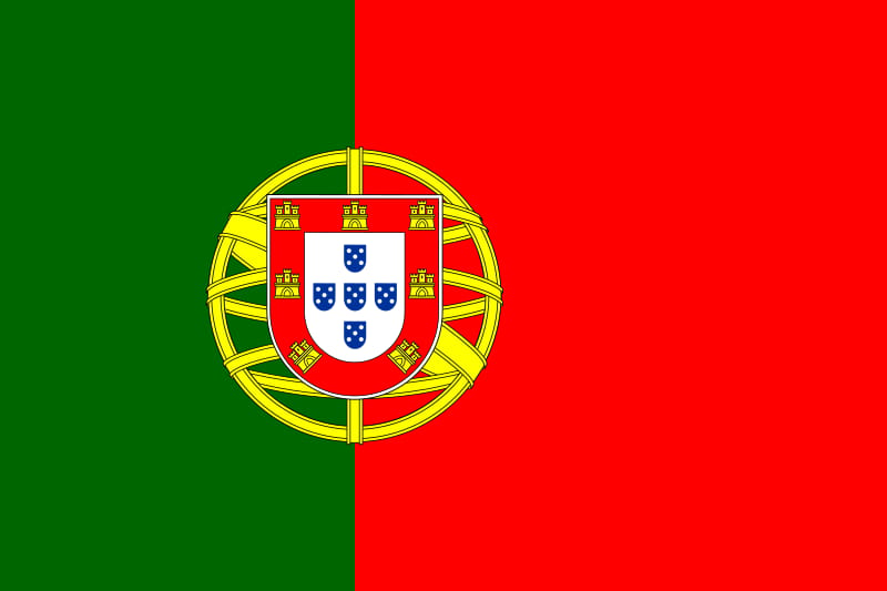 Portuguese flag featuring green and red vertical stripes with a coat of arms at the center.