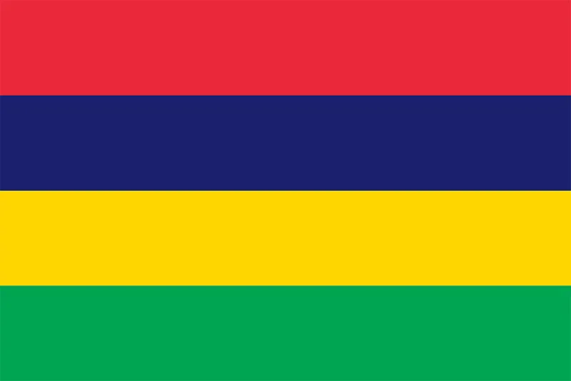 Mauritius flag featuring horizontal stripes of red, blue, yellow, and green.
