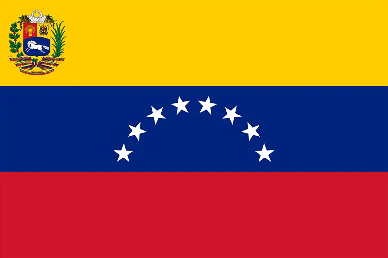 Venezuelan flag featuring horizontal stripes of yellow, blue, and red with an emblem and a semicircle of white stars.