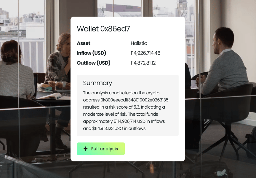 Wallet 0x86ed7 with asset details, inflow, outflow amounts, and a summary of a risk analysis concerning the crypto address provided.