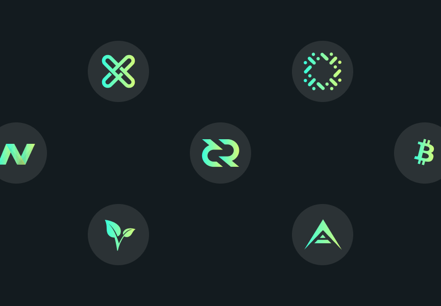 Collection of cryptocurrency logos on a dark background.