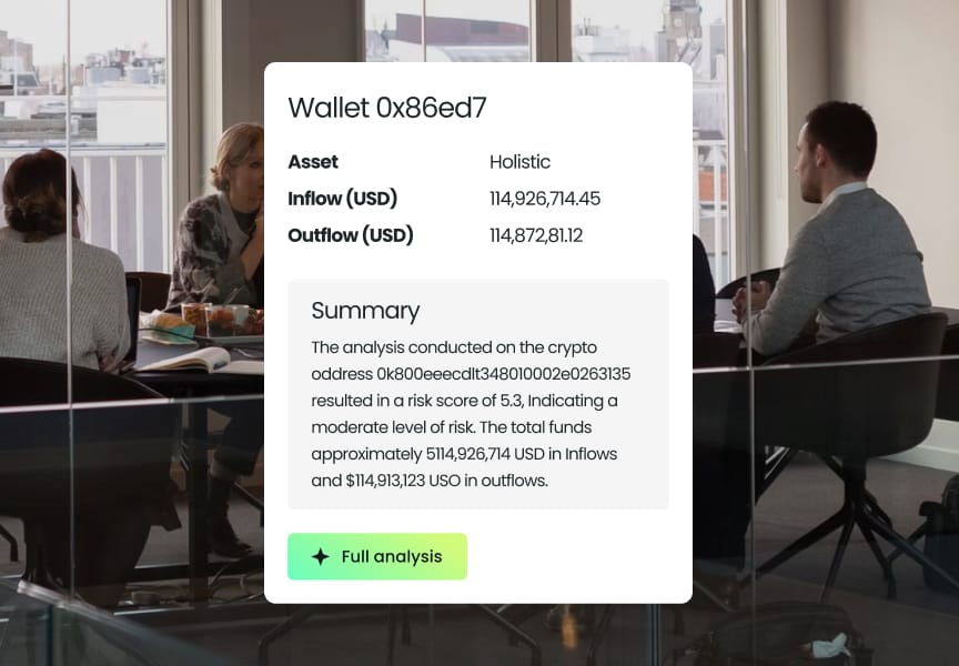 Wallet 0x86ed7 summary showing asset details with inflow and outflow amounts, alongside a risk score analysis.