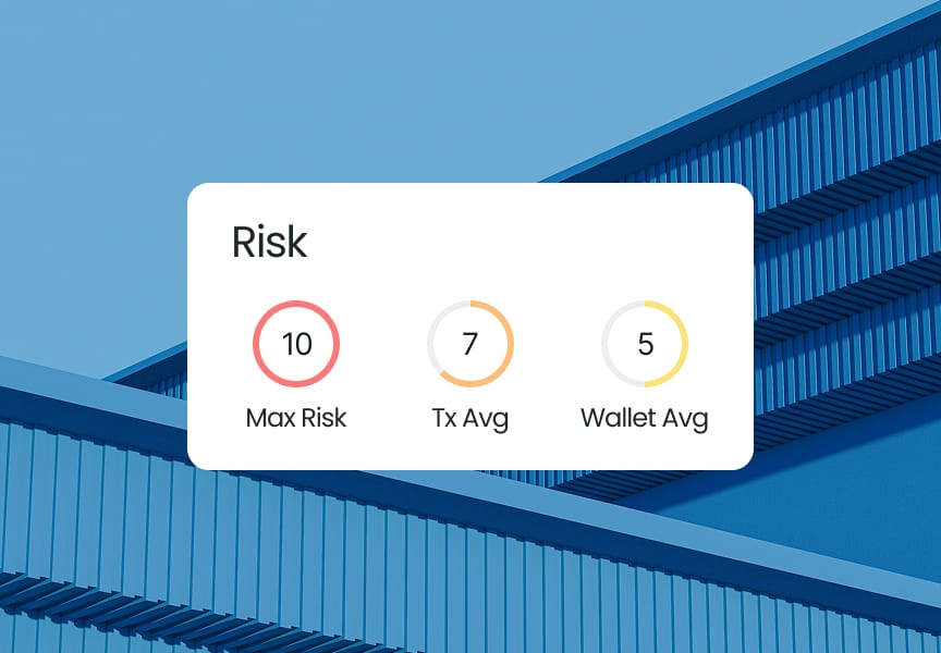 Risk metrics display with Max Risk at 10, Transaction Average at 7, and Wallet Average at 5 against a blue architectural background.