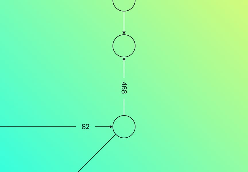 A diagram featuring circles connected by arrows, with numerical labels "82" and "468," on a gradient green and blue background.