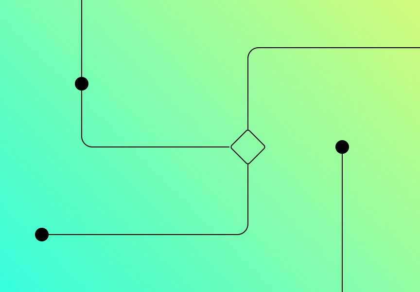 Abstract geometric design featuring lines and nodes on a gradient background shifting from green to yellow.