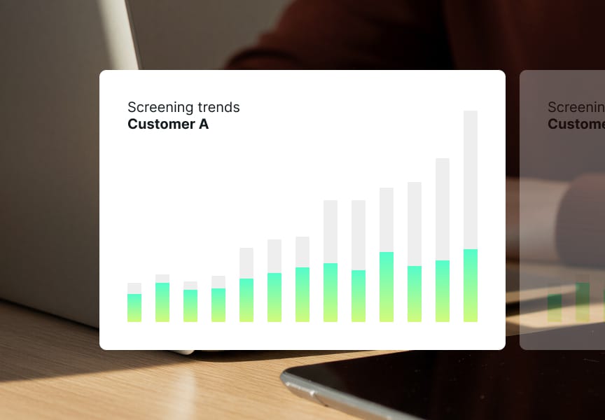 Screening trends graphic showing a rising bar chart with green and gray bars, labeled "Customer A."