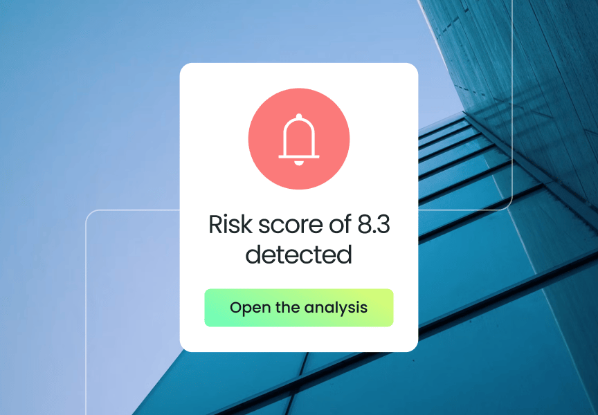 Risk score of 8.3 detected with an option to open the analysis, set against a backdrop of modern architecture.