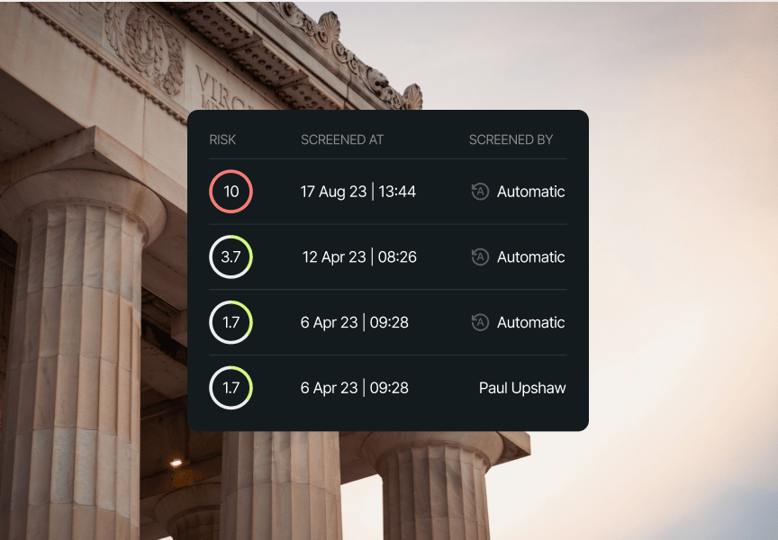 Risk assessment summary with dates, times, and screening methods displayed over a backdrop of architectural columns.