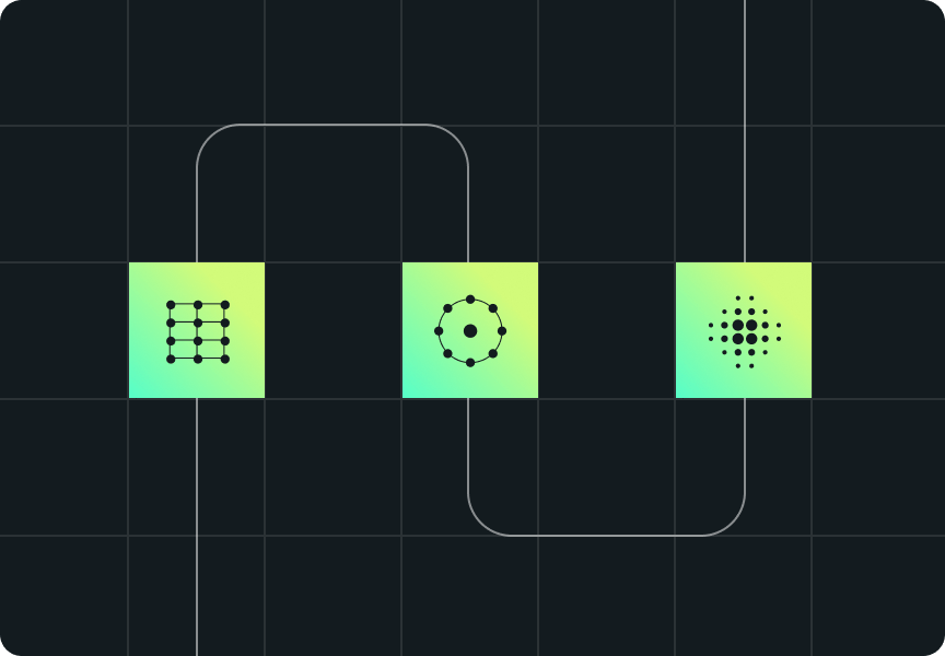 Abstract illustration featuring three interconnected geometric shapes on a grid background, symbolizing data and network connections.