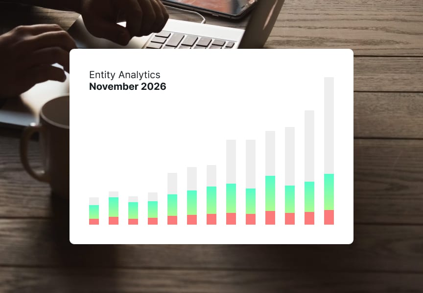Entity Analytics graph showing growth trends for November 2026 with a mix of bars in green, cyan, and red.