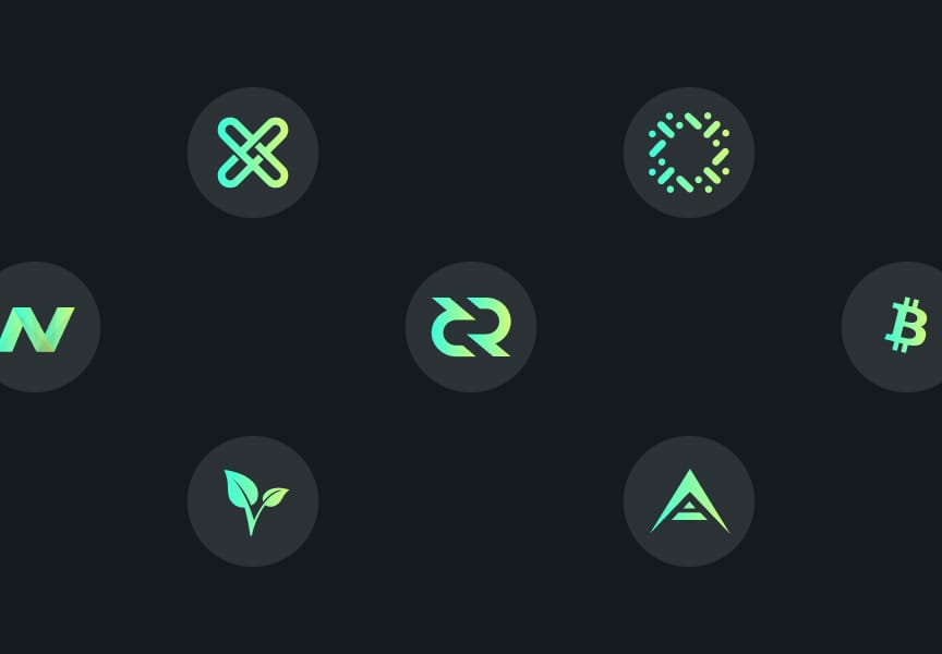 Logos of various cryptocurrencies displayed on a dark background, featuring distinctive designs and colors for each icon.