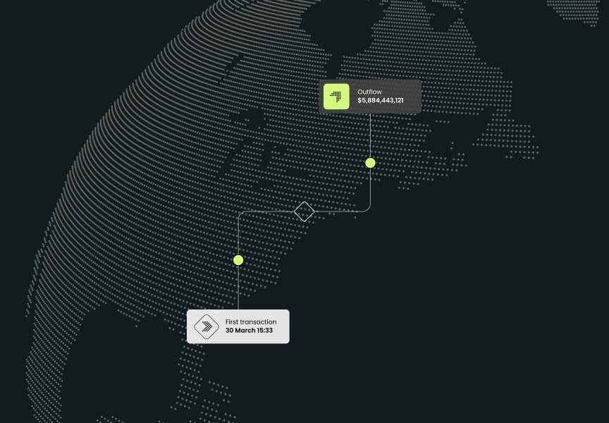 Map graphic showing a global network with highlighted transaction details, including an outbound address and a timestamp for the first transaction.
