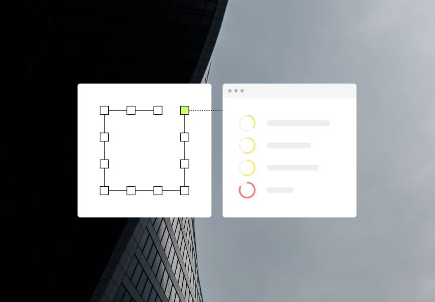 A visual representation featuring a grid with nodes and a checklist interface, set against a modern building backdrop.