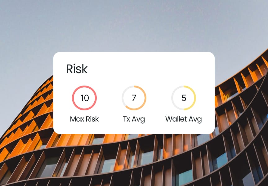 Risk assessment indicators showing Max Risk (10), Transaction Average (7), and Wallet Average (5) against an architectural background.