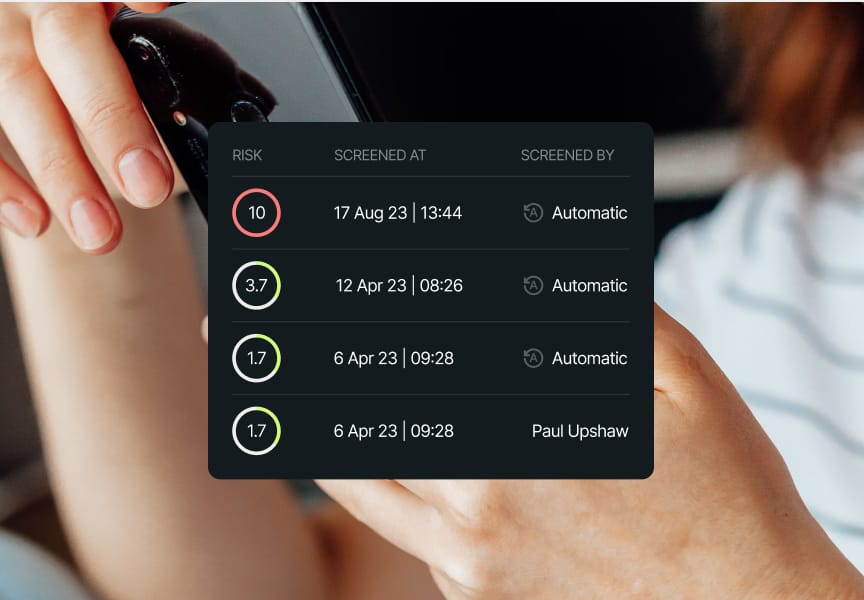 Risk assessment results displayed on a smartphone, showing various screening dates and methods, including automated and manual screening.