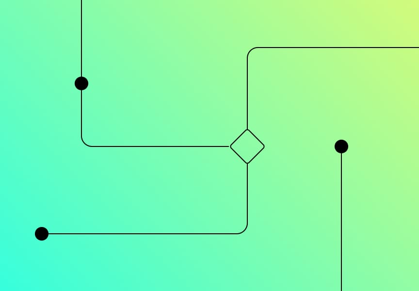 Abstract graphic with a gradient background featuring flowing lines and geometric shapes in black against a vibrant green to blue gradient.