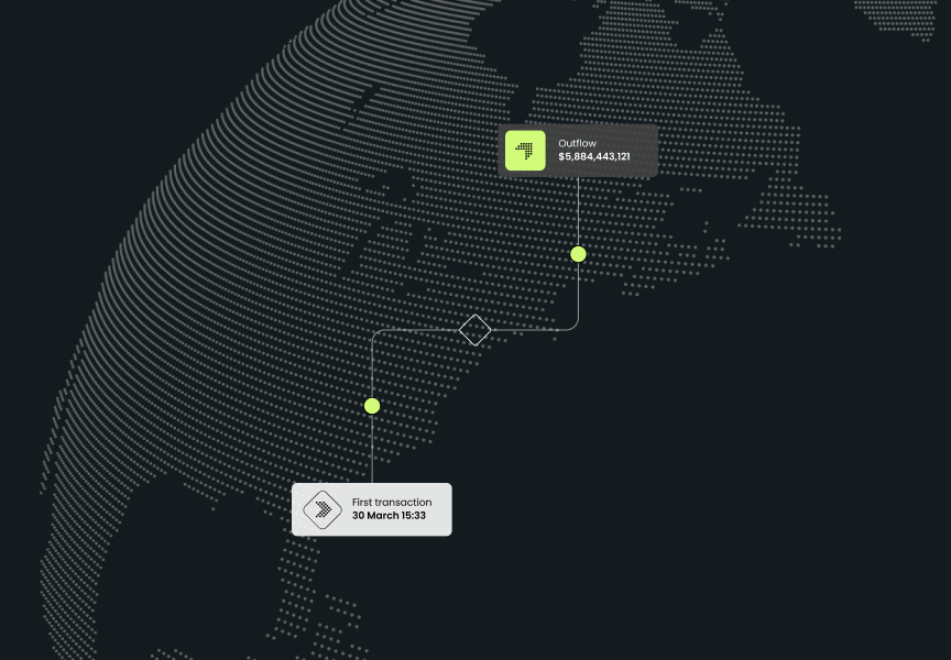 A stylized world map featuring data points, indicating a financial outflow of 51,884.44 and a first transaction timestamped 30 March at 15:33.