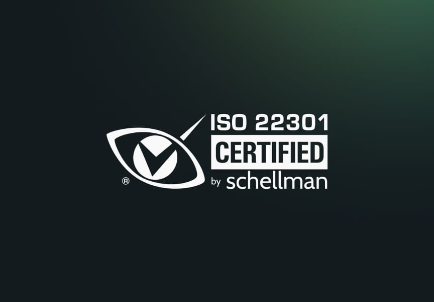 ISO 22301 certified logo by Schellman, featuring a stylized eye and checkmark design on a dark background.