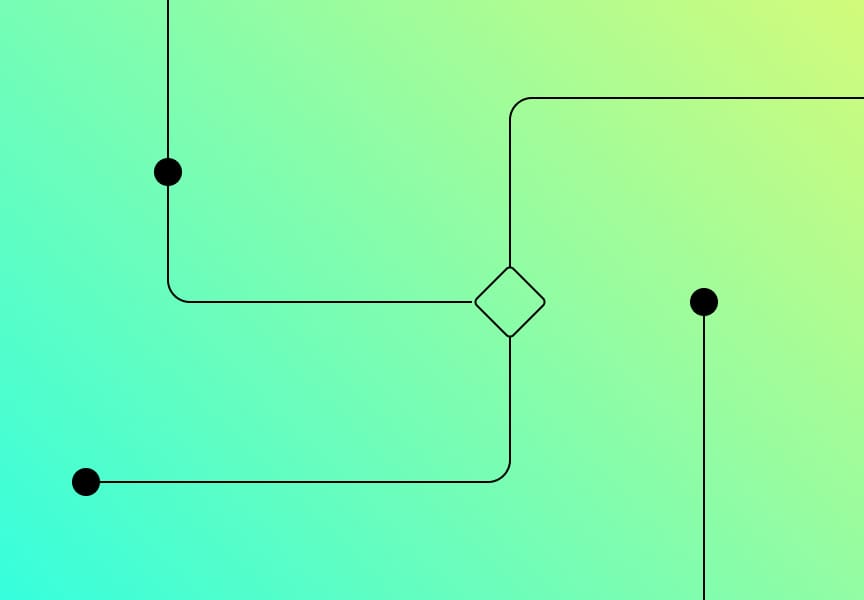 Abstract design featuring a gradient background transitioning from green to blue, with black lines and shapes including a diamond and circles.