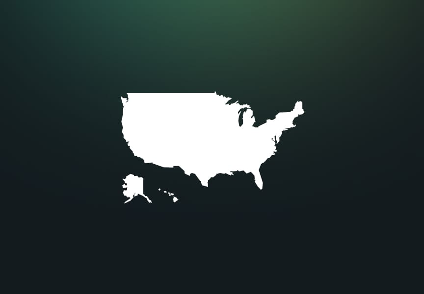 Outline of the United States, including Alaska and Hawaii, on a dark gradient background.