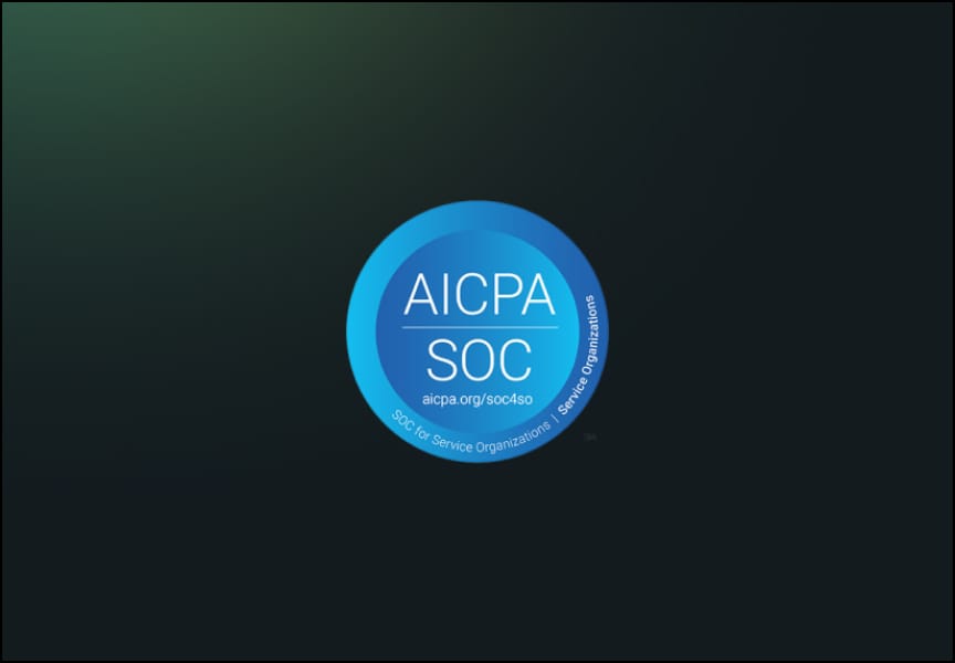 A circular logo featuring the text "AICPA SOC" with a gradient blue background, symbolizing service organization controls.